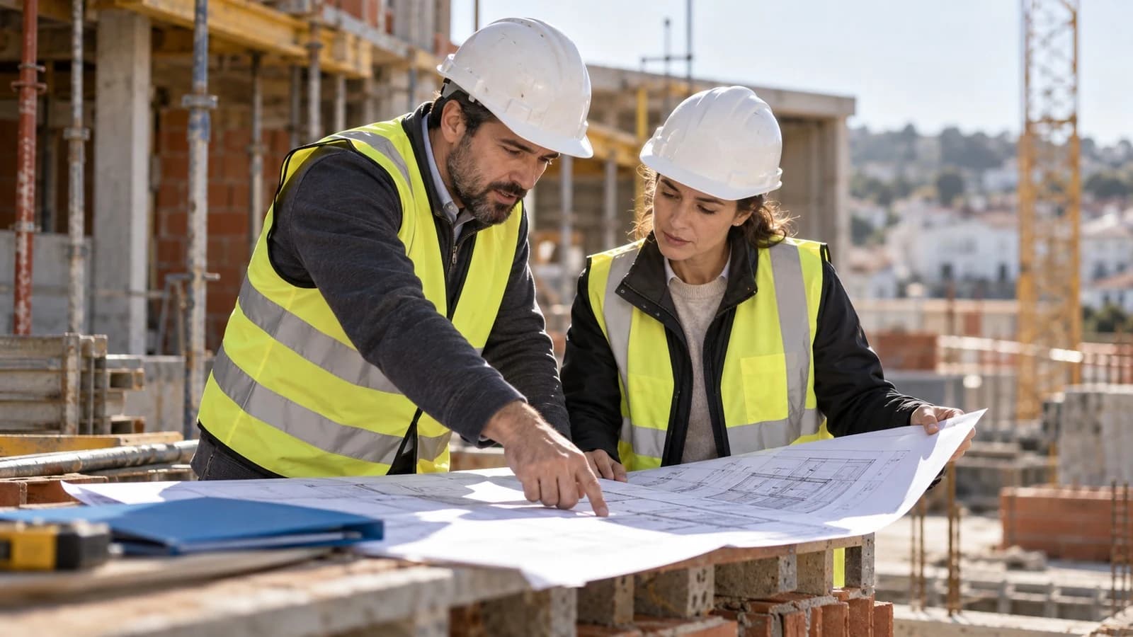 Dois técnicos de capacete a rever uma planta numa obra, o tipo de litígio que acaba numa AECOP