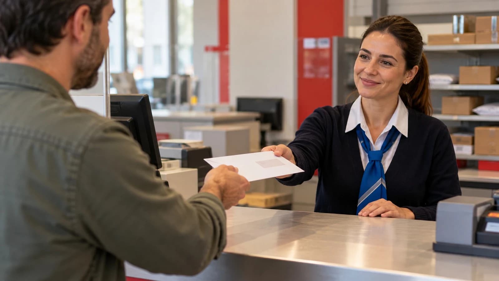 Cliente a entregar uma carta à funcionária no balcão dos correios, enviada como carta registada com aviso de receção
