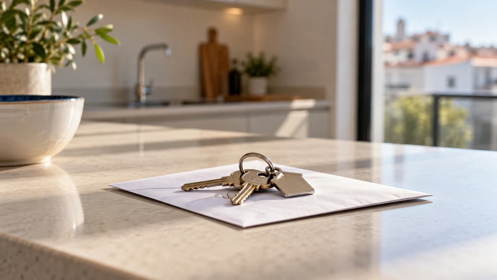 Chaves do apartamento pousadas sobre um envelope na bancada da cozinha vazia, à espera da caução do arrendamento