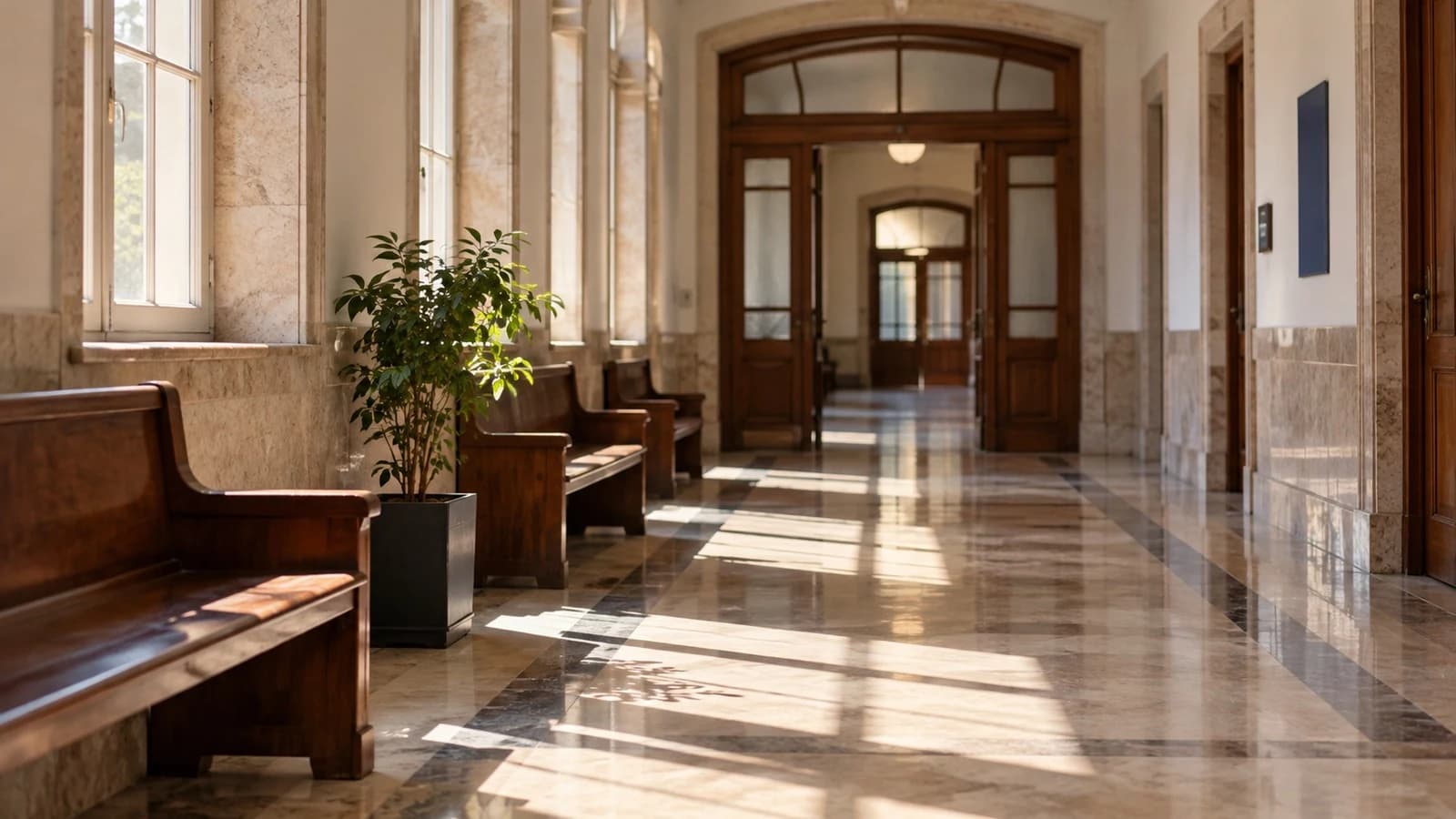 Corredor vazio de um tribunal com luz de verão, durante as férias judiciais
