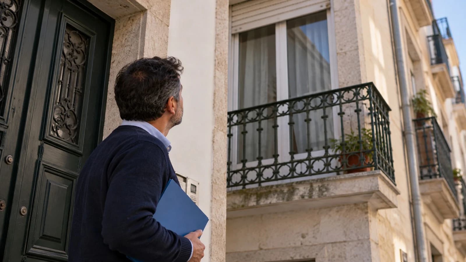 Senhorio à porta do prédio a olhar para a varanda do apartamento cujo inquilino não paga a renda