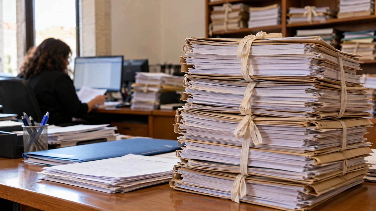 Pilha alta de processos atados com fita numa secretaria judicial, cada um um processo executivo