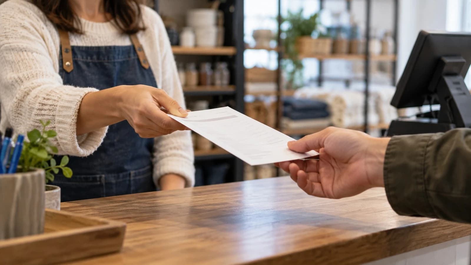 Lojista a entregar um recibo de quitação em papel ao cliente por cima do balcão