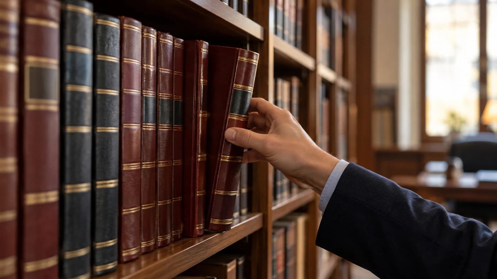 Mão a tirar um código encadernado da estante de uma biblioteca jurídica, como o Regulamento das Custas Processuais