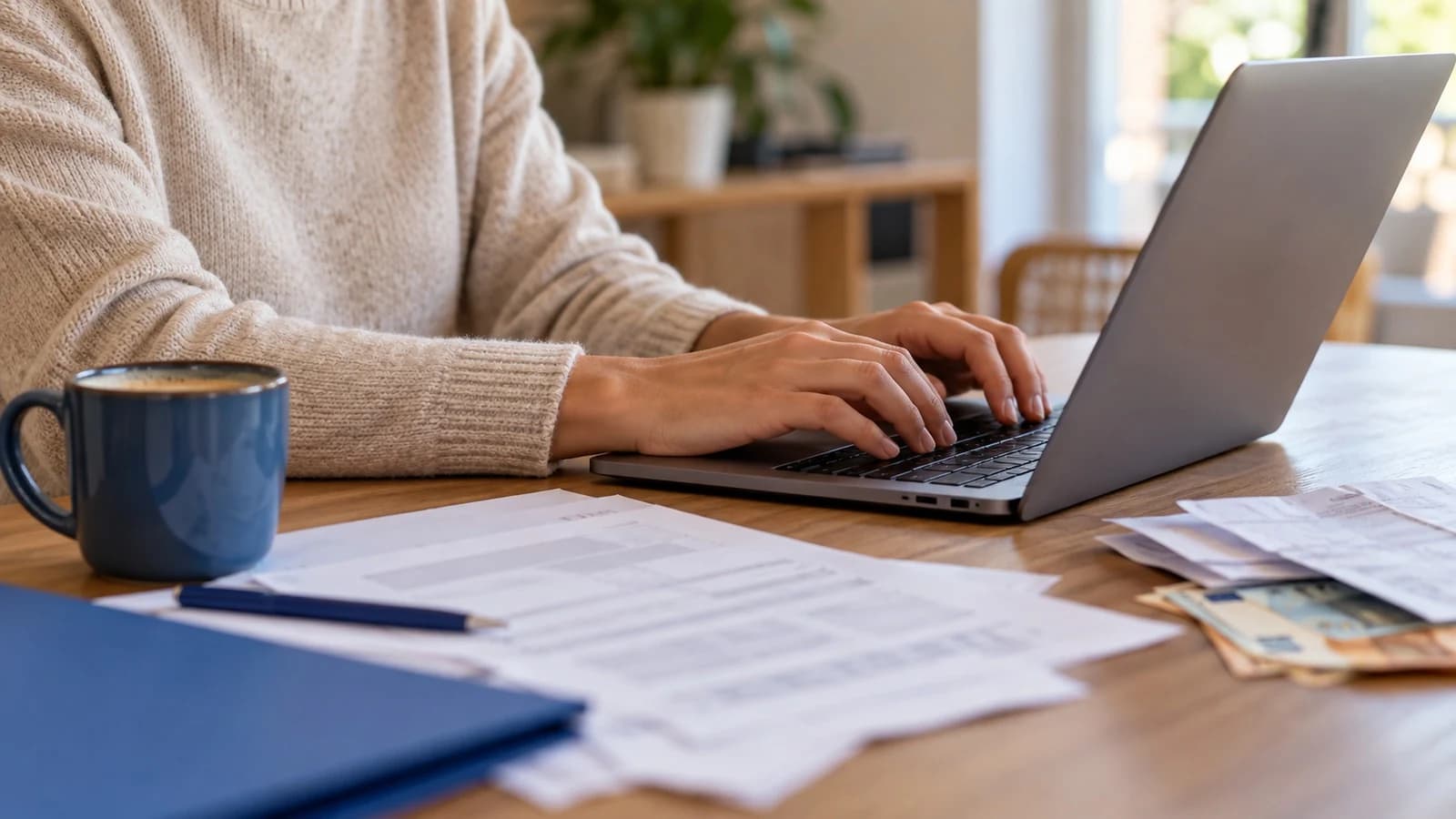 Mãos ao teclado do portátil com café e facturas impressas ao lado, a preparar o requerimento de injunção