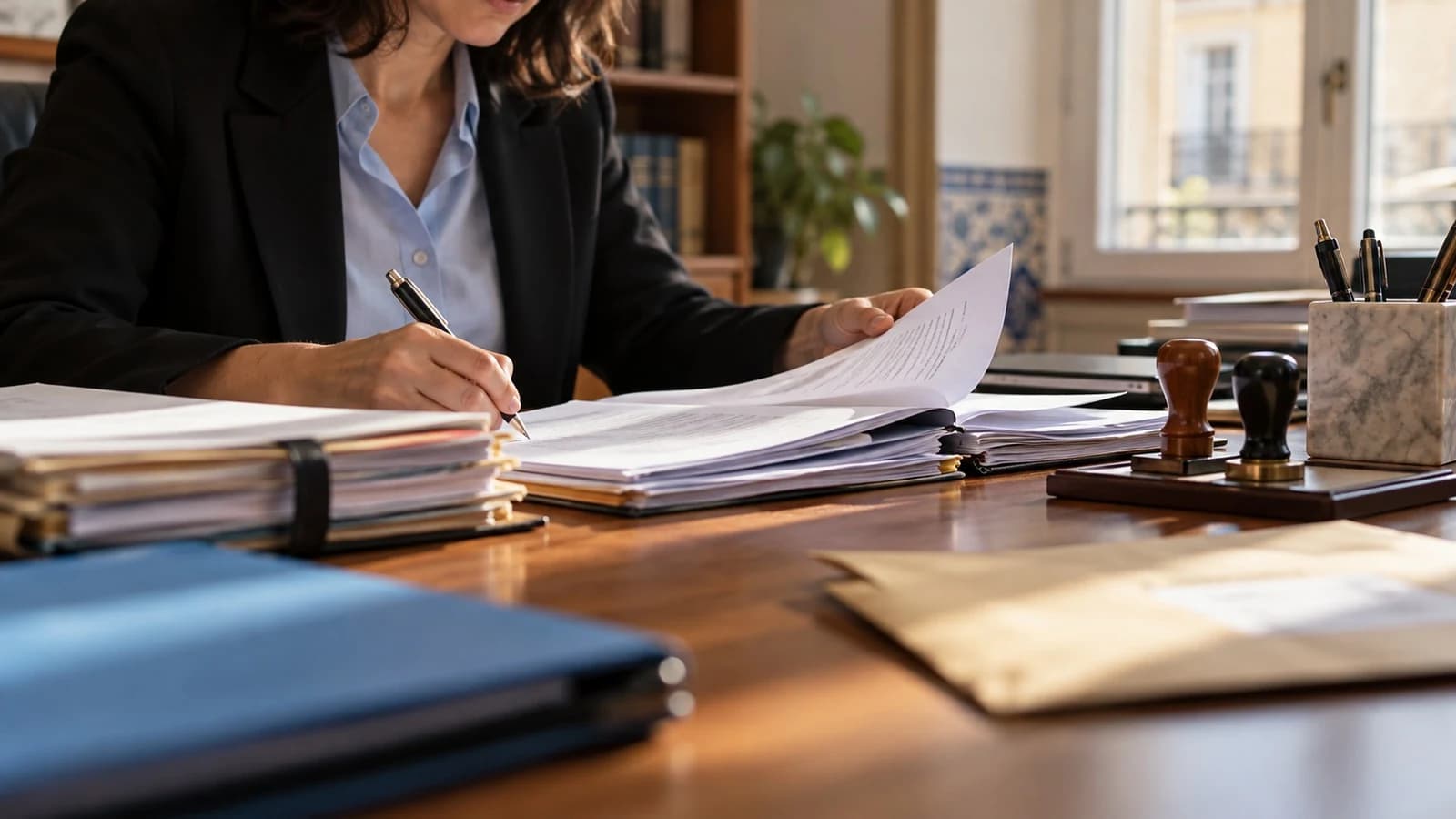 Secretária de um gabinete jurídico com dossiers, carimbos e envelope, a preparar a taxa de justiça da injunção