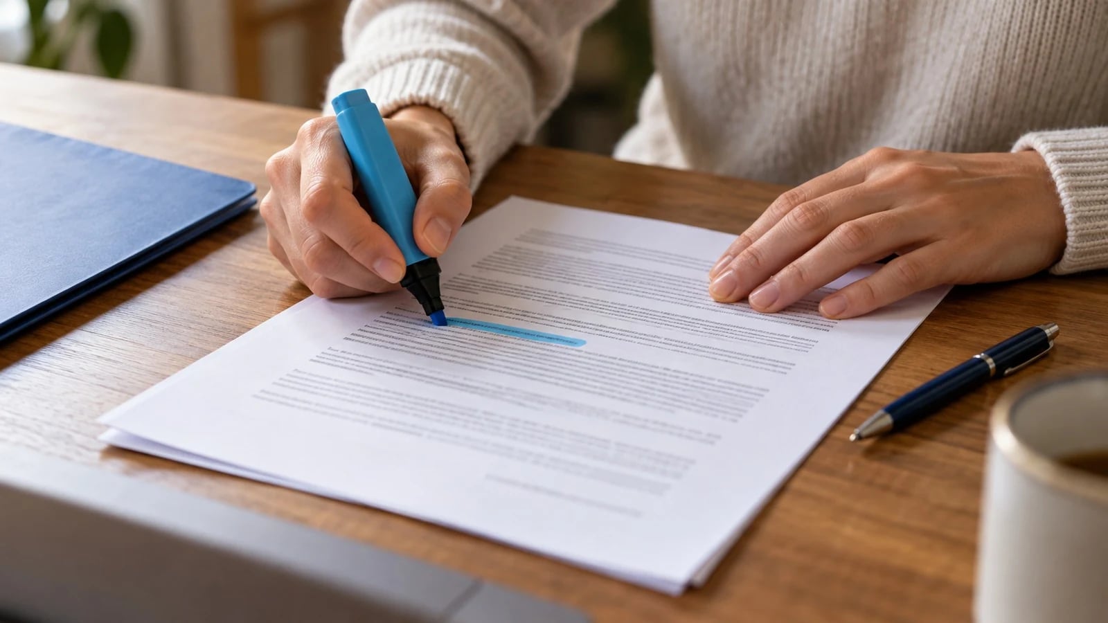 Mão a sublinhar com marcador as cláusulas de pagamento de um contrato impresso
