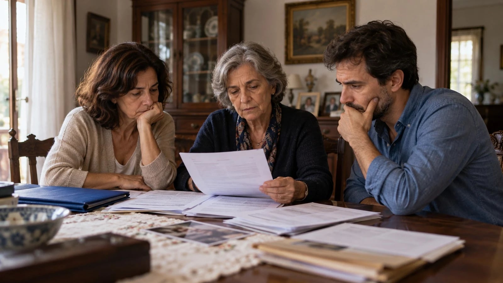 Família à mesa de uma sala antiga a rever os papéis da herança e as dívidas de pessoa falecida
