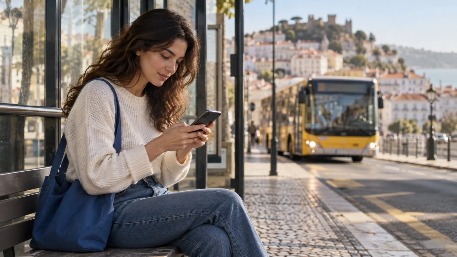 Mulher numa paragem de autocarro em Lisboa a consultar a injunção no telemóvel