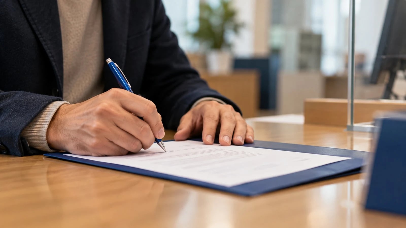 Mão a assinar uma livrança sobre uma pasta azul numa mesa de banco